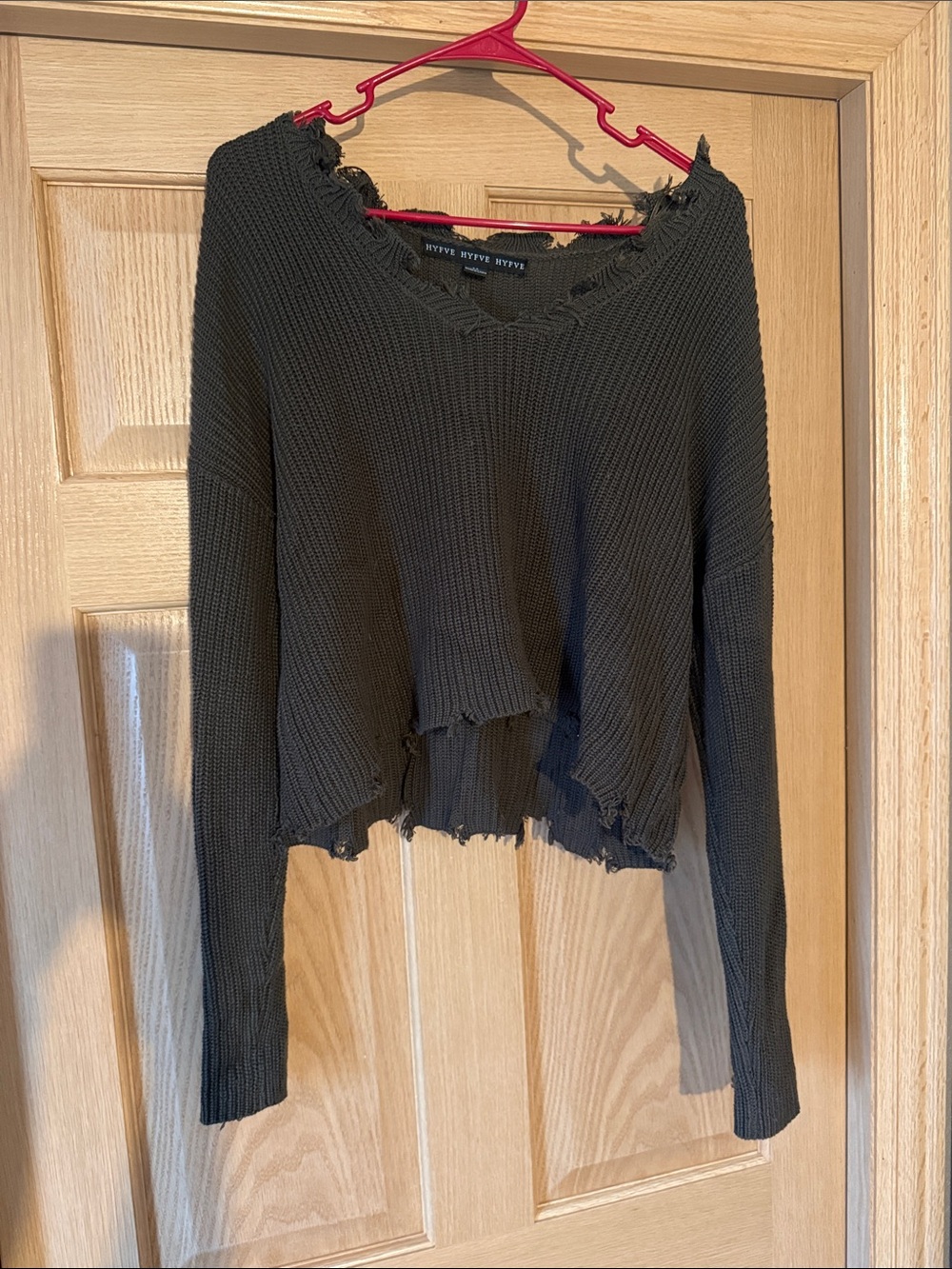 HYFVE Black Distressed Waffle-Knit Cropped Sweater